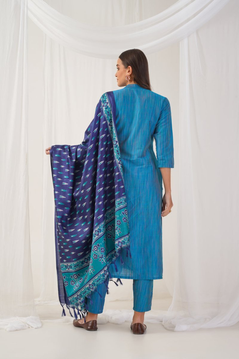 Jompers Women Blue & Green Self-Striped Kurta with Trousers & Printed0Art Silk Dupatta - JOKS_D8NB_1310_Blue_S