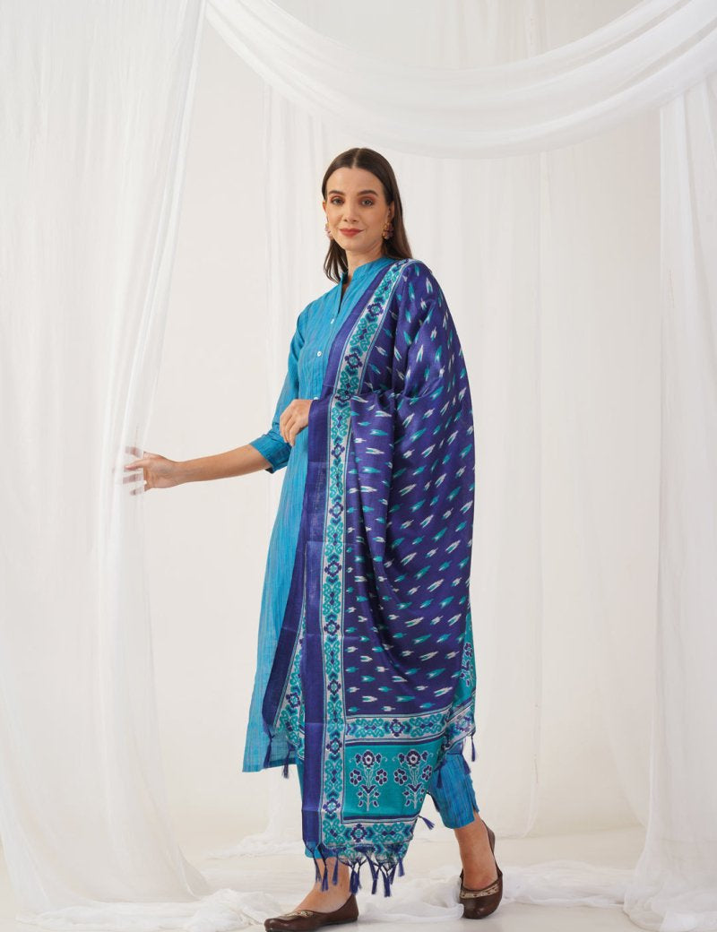 Jompers Women Blue & Green Self-Striped Kurta with Trousers & Printed0Art Silk Dupatta - JOKS_D8NB_1310_Blue_S