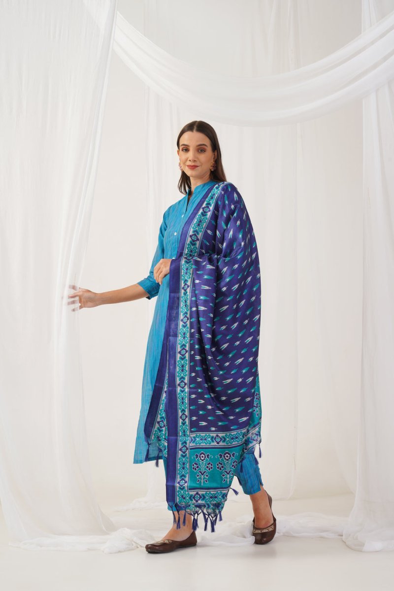 Jompers Women Blue & Green Self-Striped Kurta with Trousers & Printed0Art Silk Dupatta - JOKS_D8NB_1310_Blue_S
