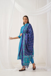 Jompers Women Blue & Green Self-Striped Kurta with Trousers & Printed0Art Silk Dupatta - JOKS_D8NB_1310_Blue_S