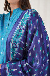 Jompers Women Blue & Green Self-Striped Kurta with Trousers & Printed0Art Silk Dupatta - JOKS_D8NB_1310_Blue_S