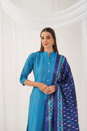 Jompers Women Blue & Green Self-Striped Kurta with Trousers & Printed0Art Silk Dupatta - JOKS_D8NB_1310_Blue_S