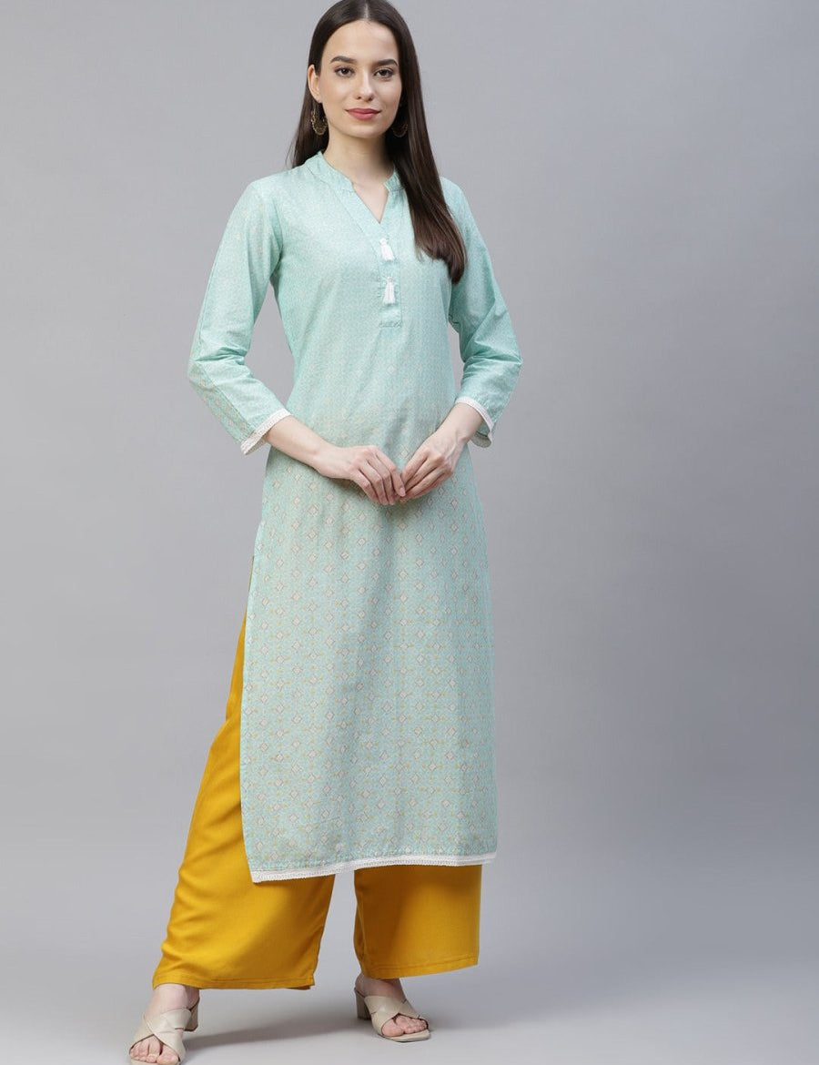 Jompers Women Blue & Off White Pure Cotton Ethnic Motifs Printed Kurta - JOK_1389_Blue_S