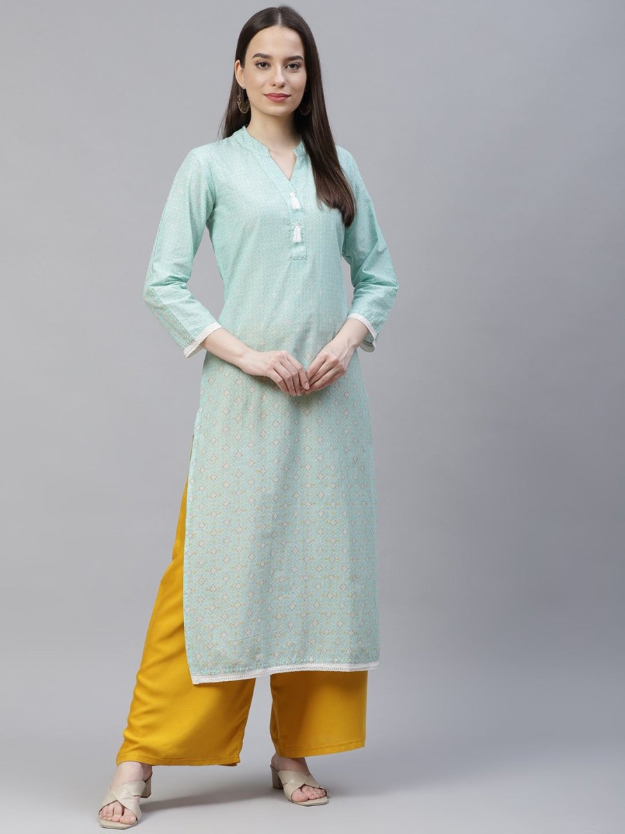Jompers Women Blue & Off White Pure Cotton Ethnic Motifs Printed Kurta - JOK_1389_Blue_S