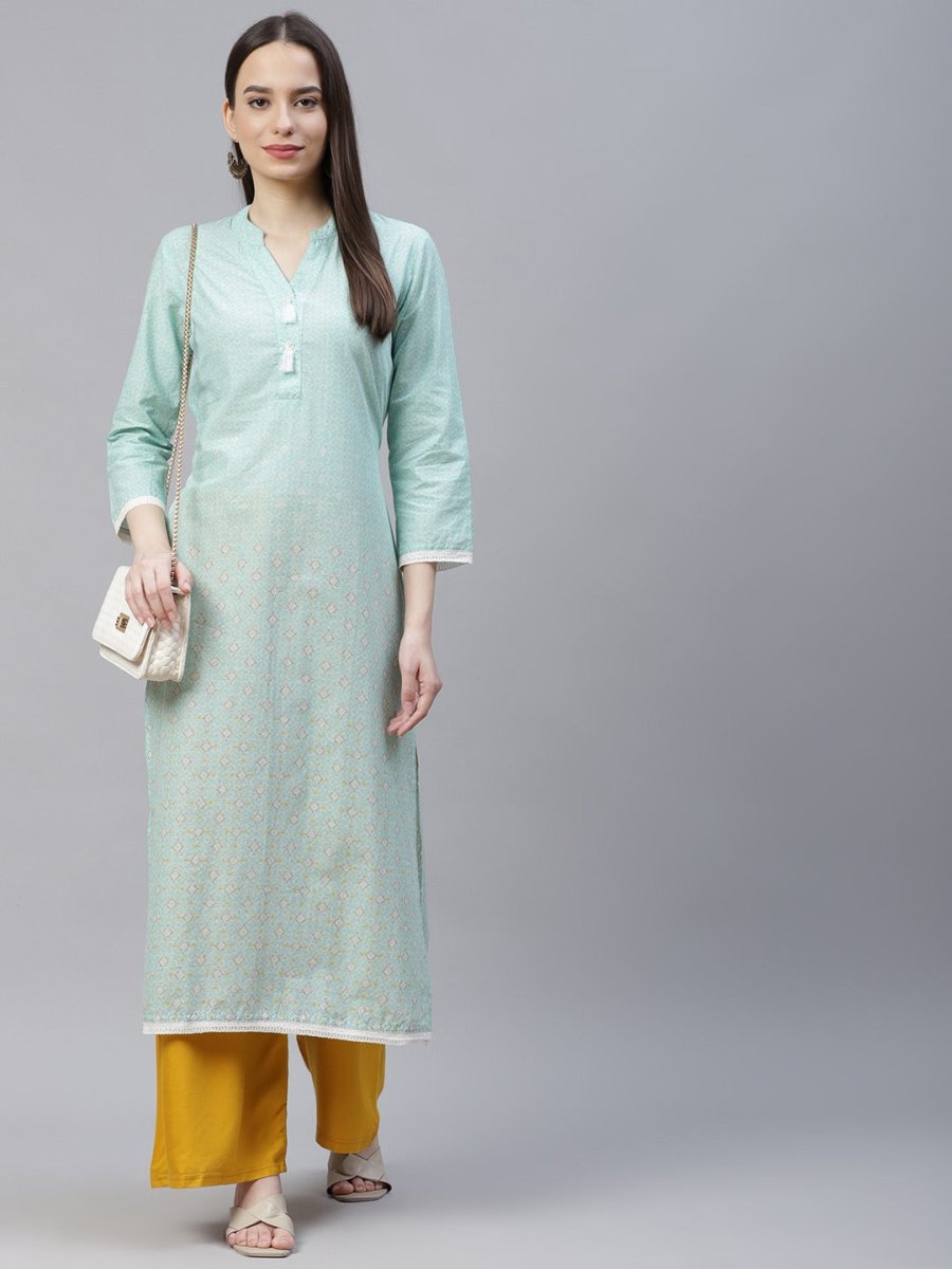 Jompers Women Blue & Off White Pure Cotton Ethnic Motifs Printed Kurta - JOK_1389_Blue_S