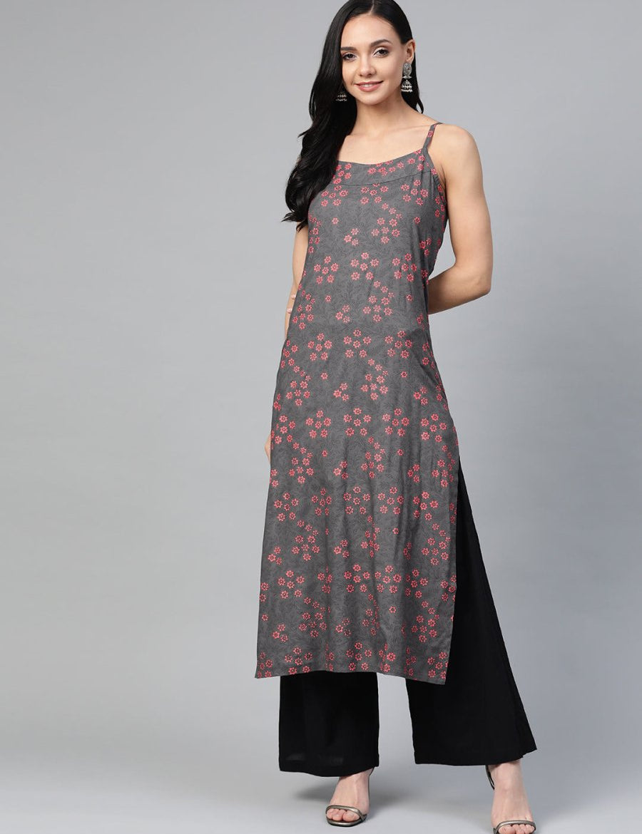 Jompers Women Charcoal Grey & Pink Printed Straight Kurta - JOK_1363_Grey_S
