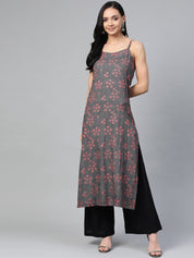 Jompers Women Charcoal Grey & Pink Printed Straight Kurta - JOK_1363_Grey_S