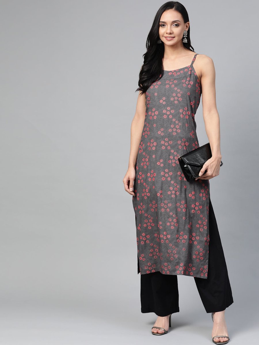 Jompers Women Charcoal Grey & Pink Printed Straight Kurta - JOK_1363_Grey_S