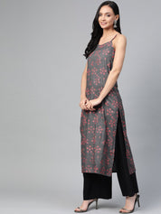 Jompers Women Charcoal Grey & Pink Printed Straight Kurta - JOK_1363_Grey_S