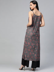 Jompers Women Charcoal Grey & Pink Printed Straight Kurta - JOK_1363_Grey_S