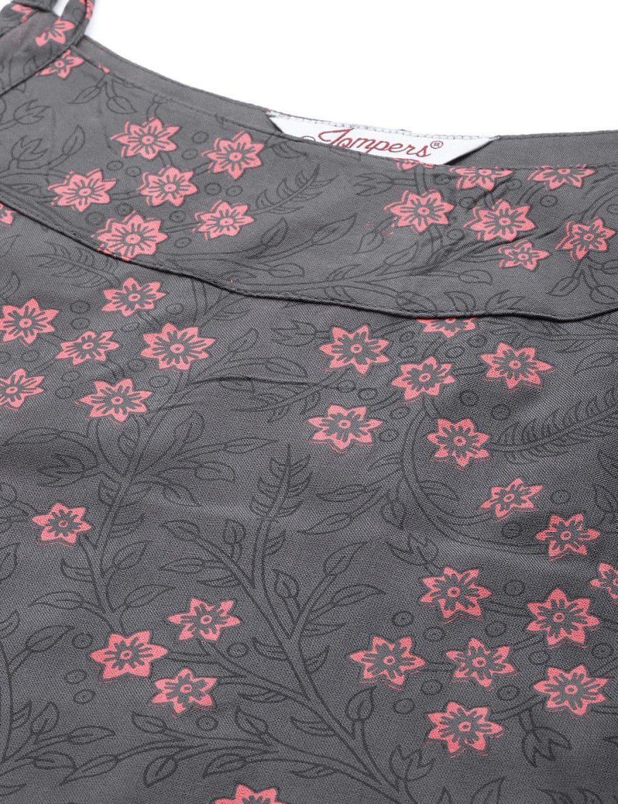 Jompers Women Charcoal Grey & Pink Printed Straight Kurta - JOK_1363_Grey_S