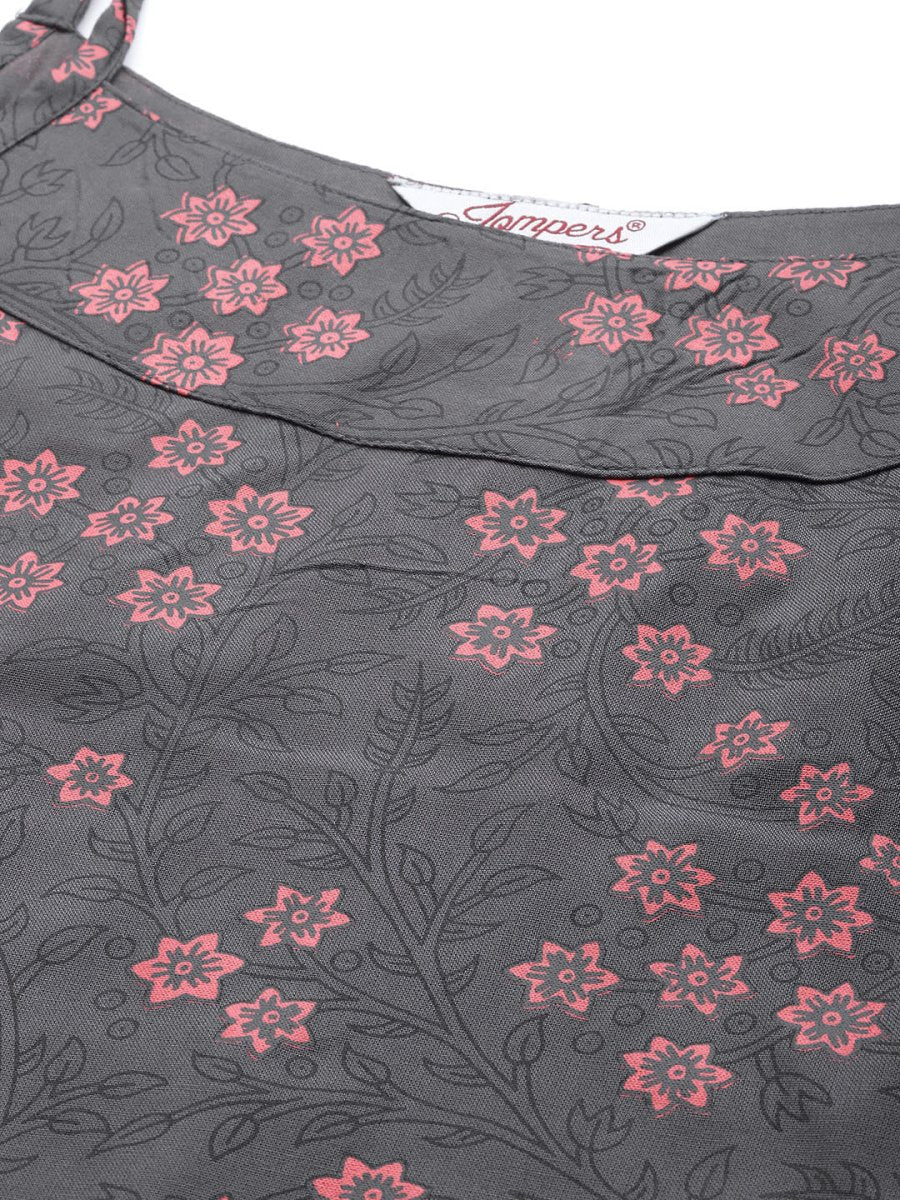 Jompers Women Charcoal Grey & Pink Printed Straight Kurta - JOK_1363_Grey_S