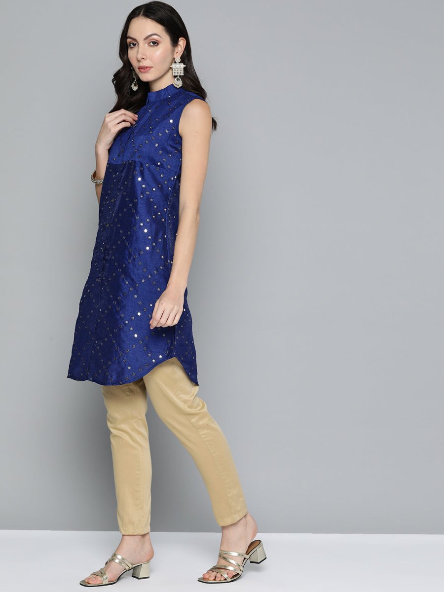 Jompers Women Geometric Embroidered Mirror Work Kurta - JOK_1515_Navy_XS