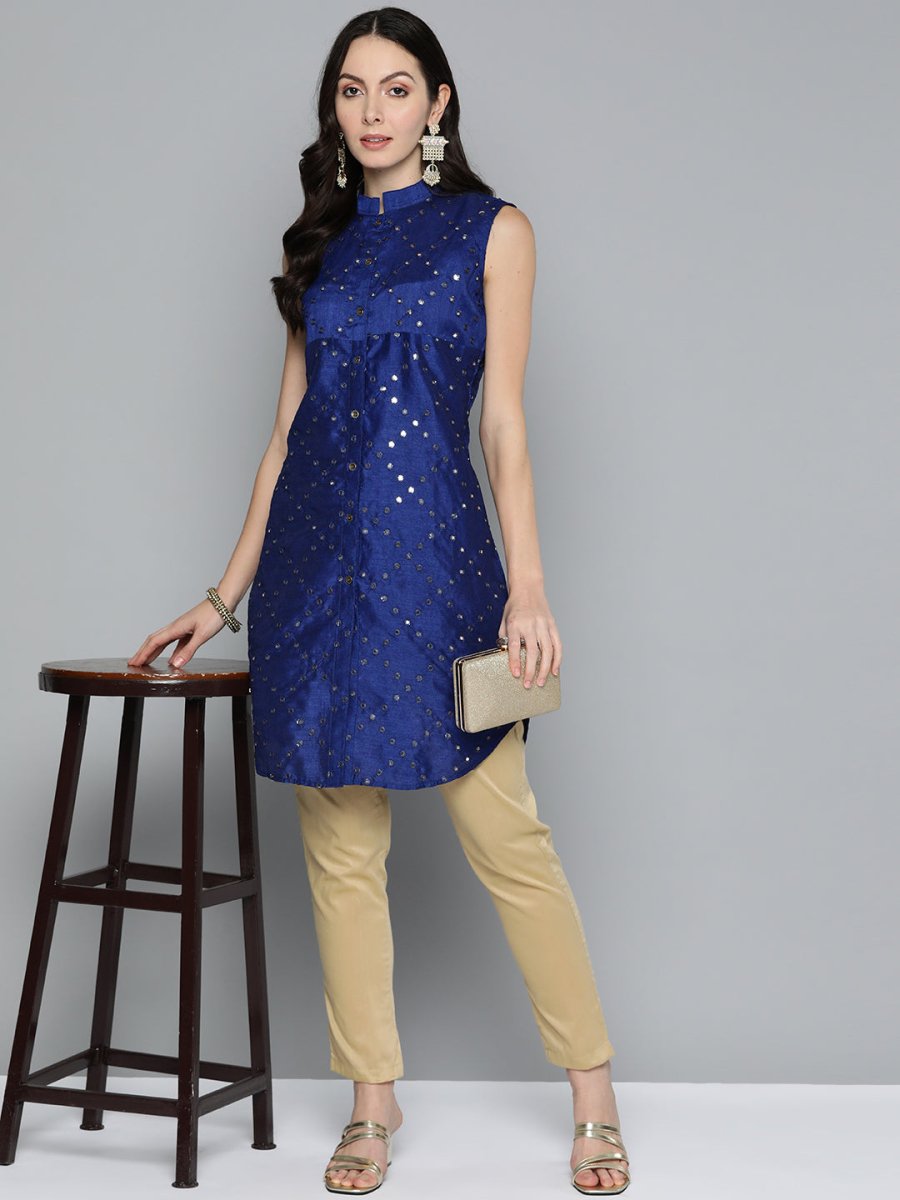 Jompers Women Geometric Embroidered Mirror Work Kurta - JOK_1515_Navy_XS