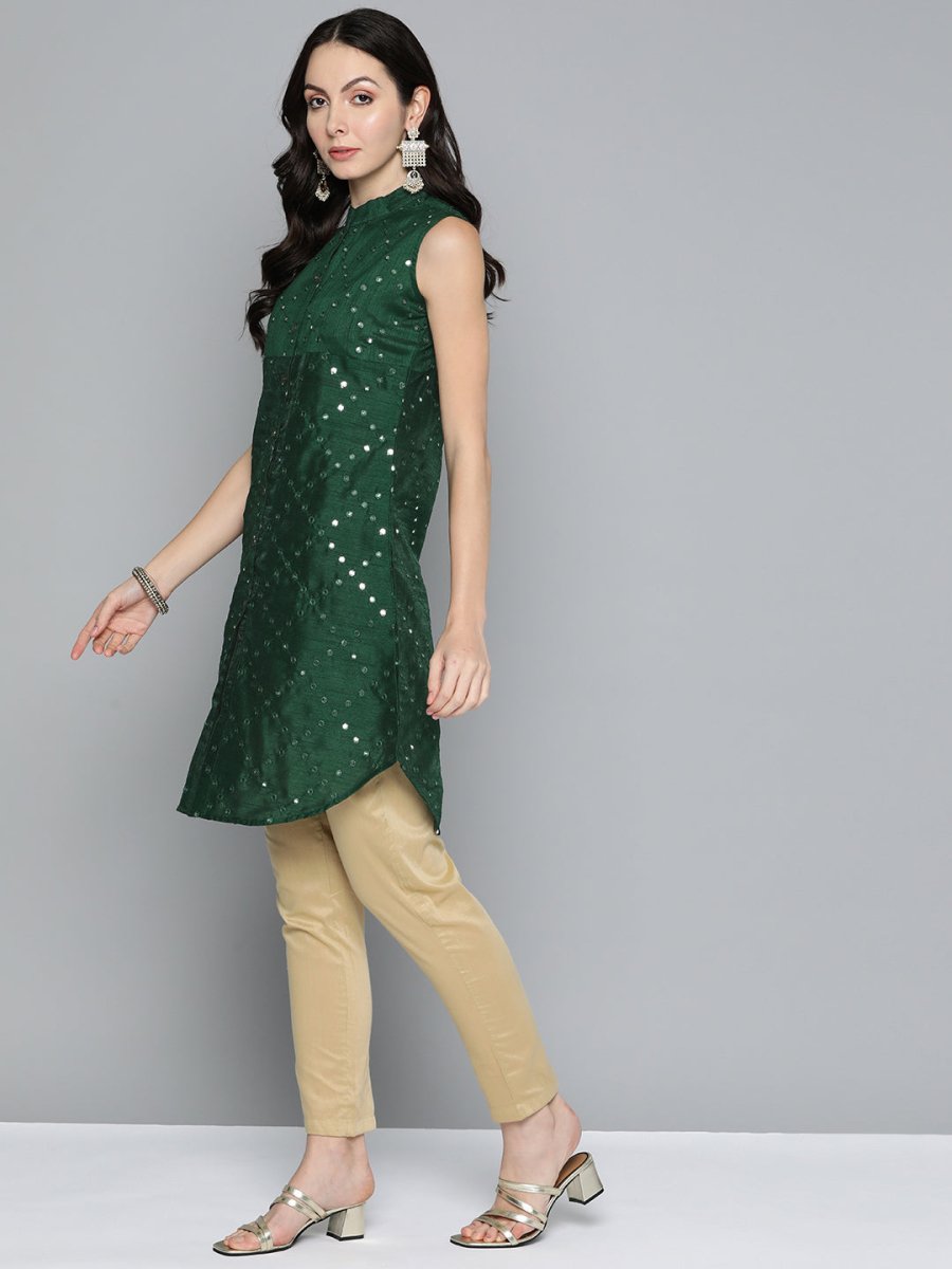 Jompers Women Geometric Embroidered Mirror Work Kurta - JOK_1515_Green_XS