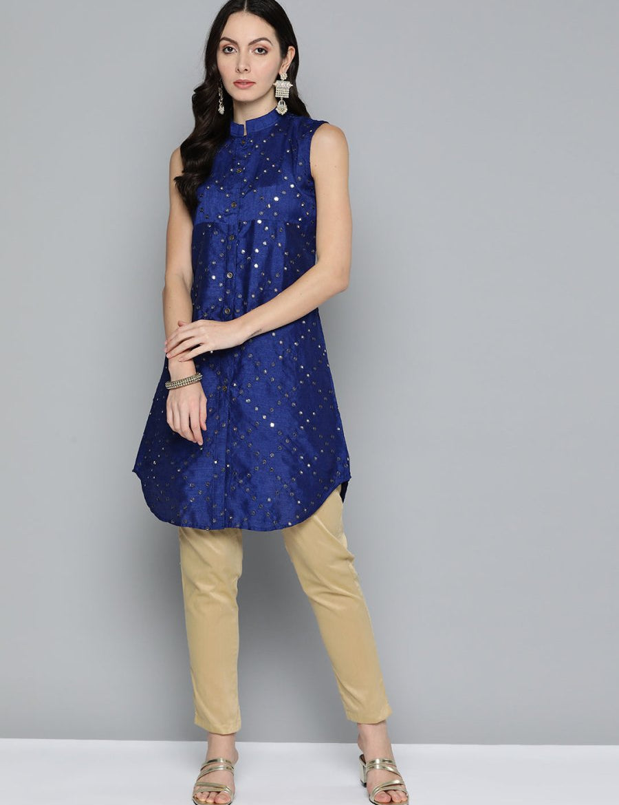 Jompers Women Geometric Embroidered Mirror Work Kurta - JOK_1515_Navy_XS
