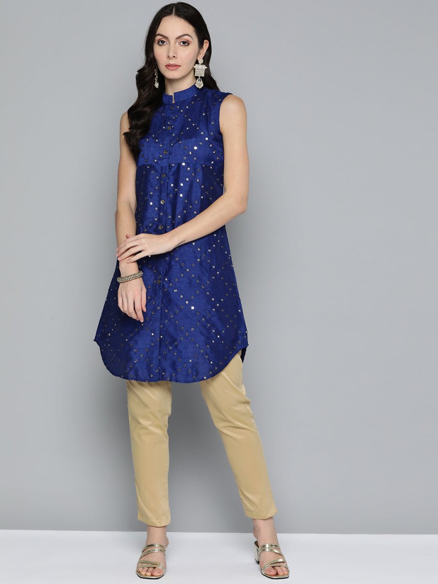 Jompers Women Geometric Embroidered Mirror Work Kurta - JOK_1515_Navy_XS