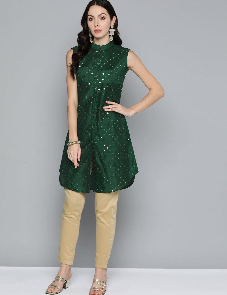 Jompers Women Geometric Embroidered Mirror Work Kurta - JOK_1515_Green_XS