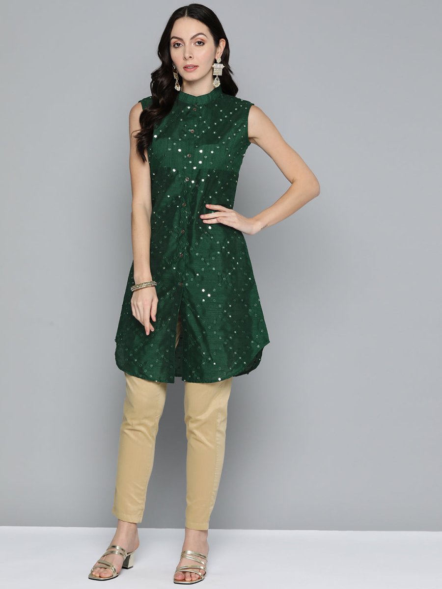 Jompers Women Geometric Embroidered Mirror Work Kurta - JOK_1515_Green_XS