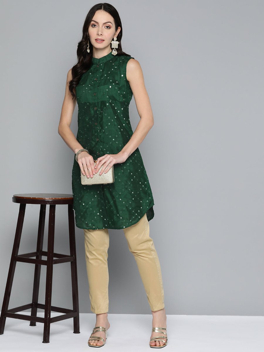 Jompers Women Geometric Embroidered Mirror Work Kurta - JOK_1515_Green_XS
