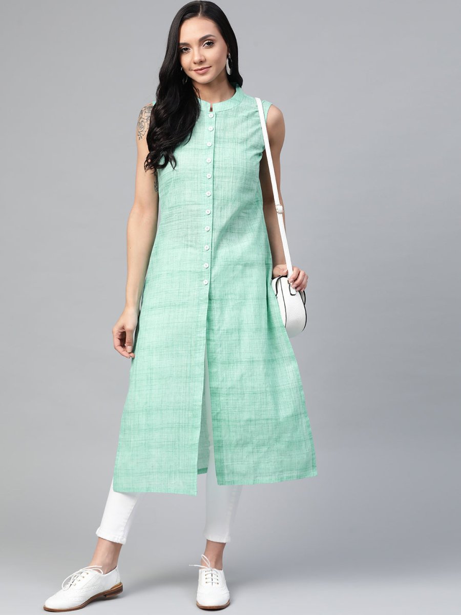 Jompers Women Green Pure Cotton Woven Design Straight Kurta - JOK_1366_Green_S