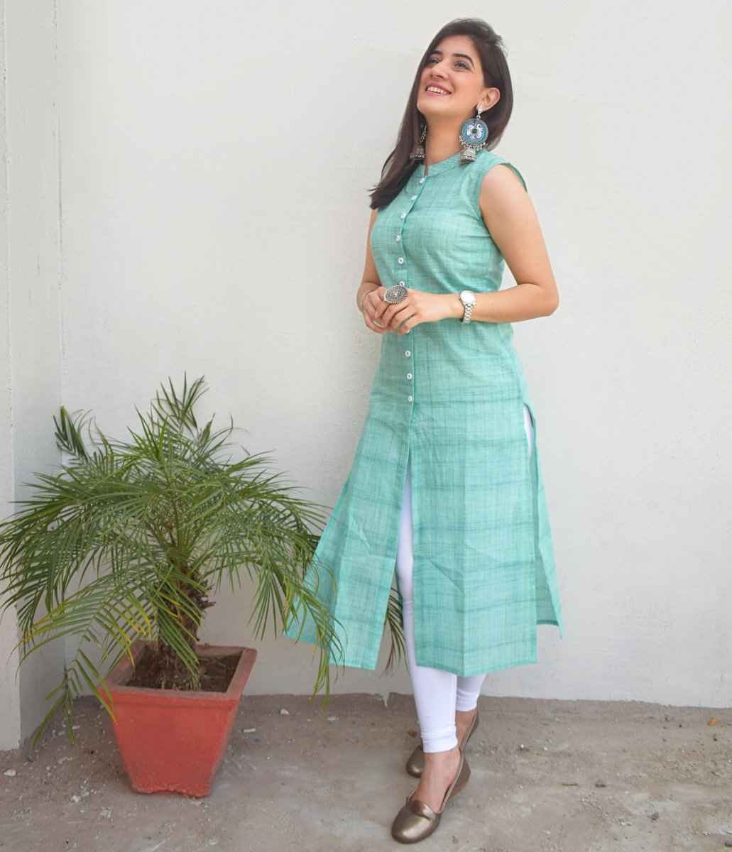 Jompers Women Green Pure Cotton Woven Design Straight Kurta - JOK_1366_Green_S