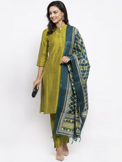 Jompers Women Green Self-Striped Kurta with Trousers & Art Silk Dupatta - JOKS_D4G_1310_Green_S