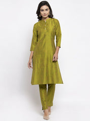 Jompers Women Green Self-Striped Kurta with Trousers & Art Silk Dupatta - JOKS_D4G_1310_Green_S
