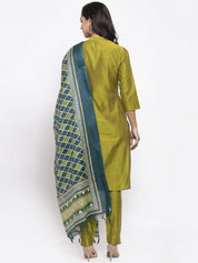 Jompers Women Green Self-Striped Kurta with Trousers & Art Silk Dupatta - JOKS_D4G_1310_Green_S