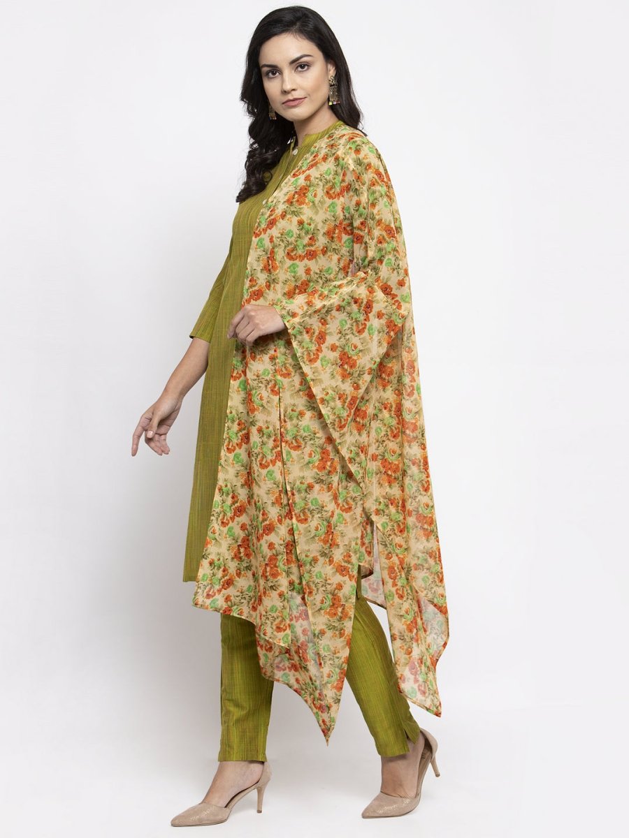 Jompers Women Green Self-Striped Kurta with Trousers & Floral Georgette Dupatta - JOKS_D3O_1310_Green_S
