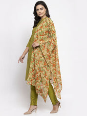 Jompers Women Green Self-Striped Kurta with Trousers & Floral Georgette Dupatta - JOKS_D3O_1310_Green_S