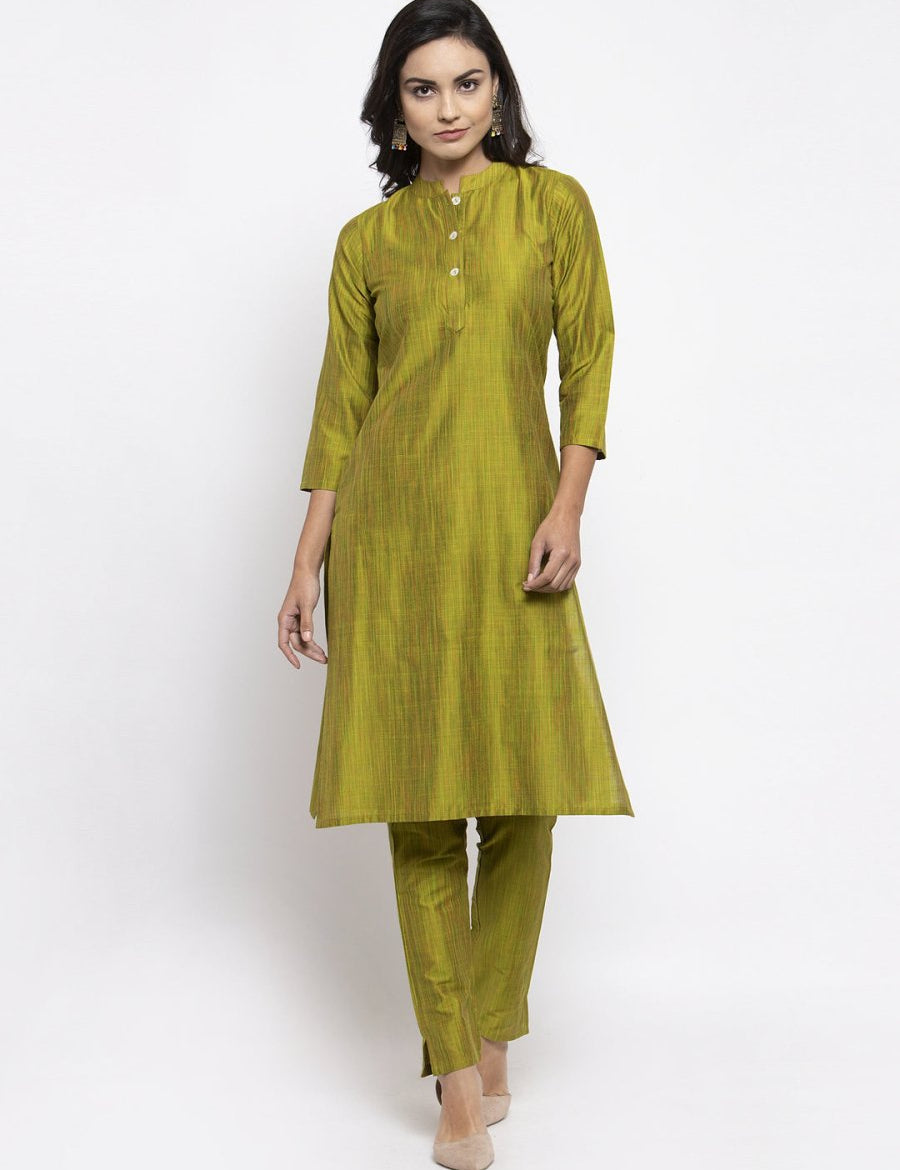 Jompers Women Green Self-Striped Kurta with Trousers & Floral Georgette Dupatta - JOKS_D3O_1310_Green_S