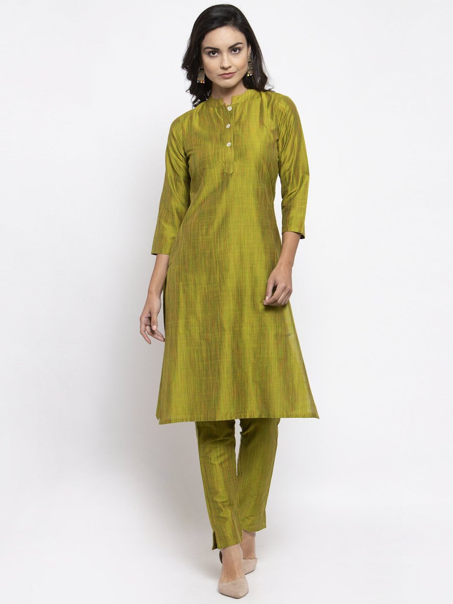 Jompers Women Green Self-Striped Kurta with Trousers & Floral Georgette Dupatta - JOKS_D3O_1310_Green_S