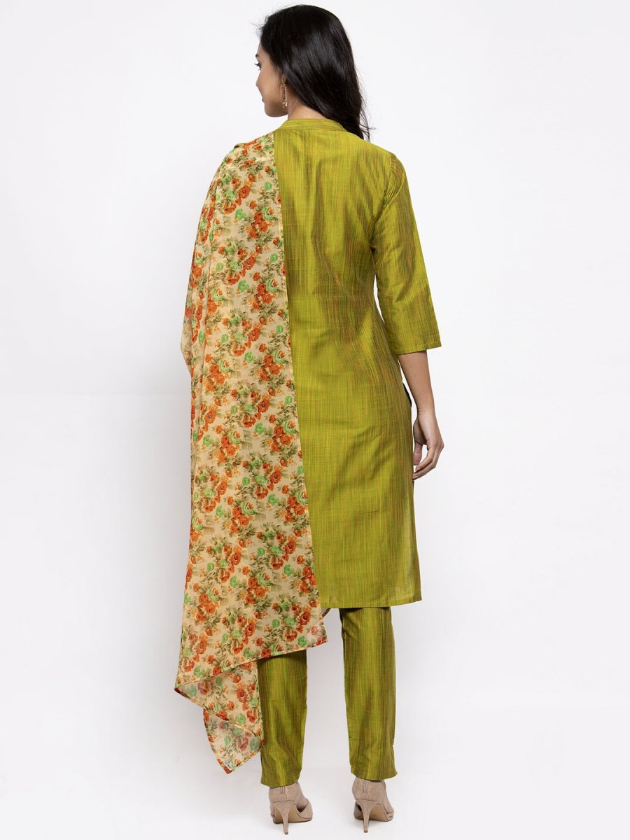 Jompers Women Green Self-Striped Kurta with Trousers & Floral Georgette Dupatta - JOKS_D3O_1310_Green_S