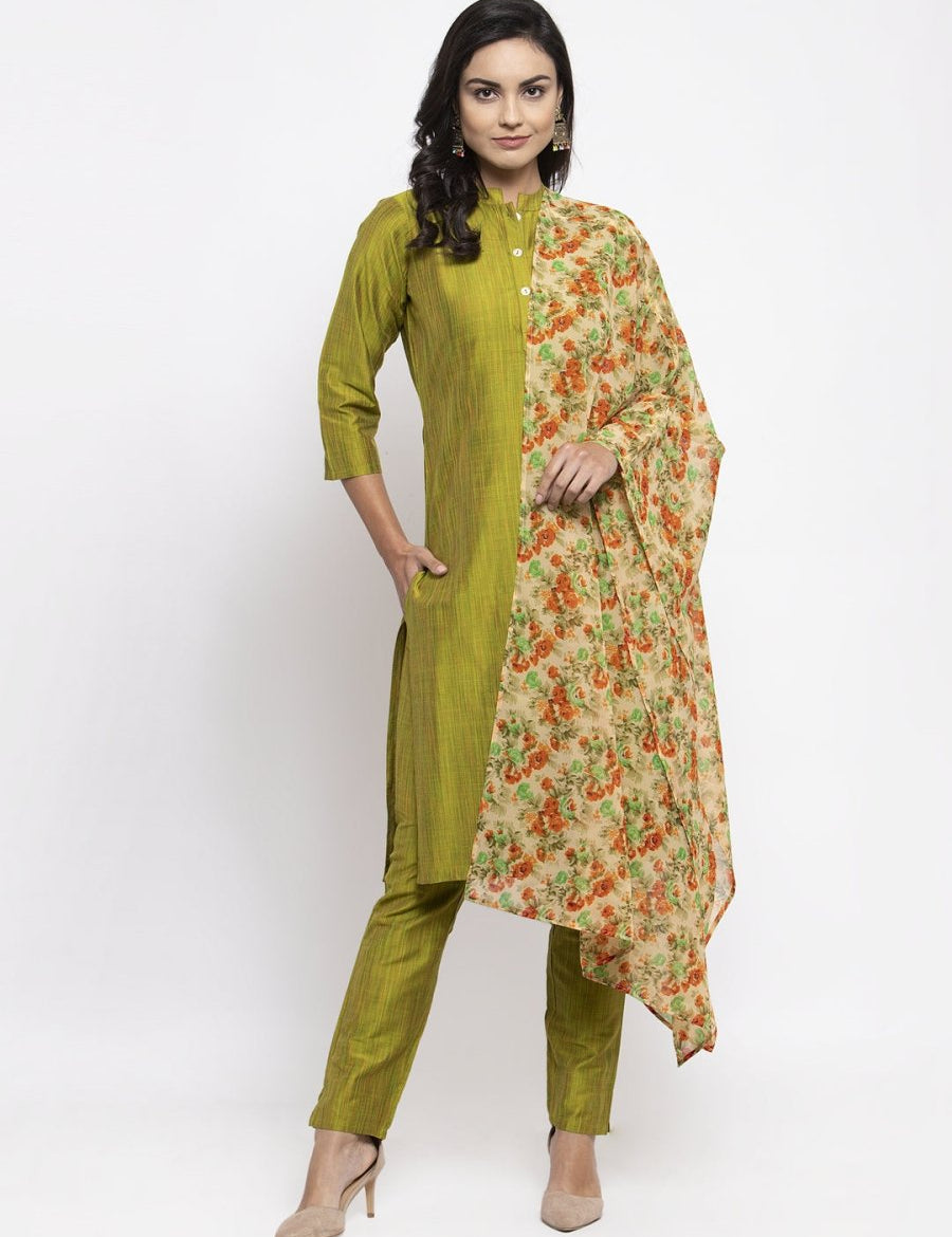 Jompers Women Green Self-Striped Kurta with Trousers & Floral Georgette Dupatta - JOKS_D3O_1310_Green_S
