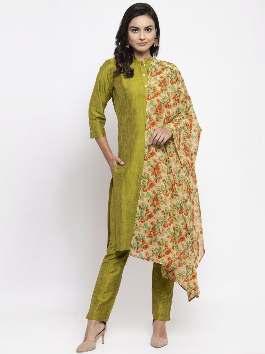 Jompers Women Green Self-Striped Kurta with Trousers & Floral Georgette Dupatta - JOKS_D3O_1310_Green_S