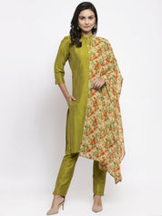 Jompers Women Green Self-Striped Kurta with Trousers & Floral Georgette Dupatta - JOKS_D3O_1310_Green_S