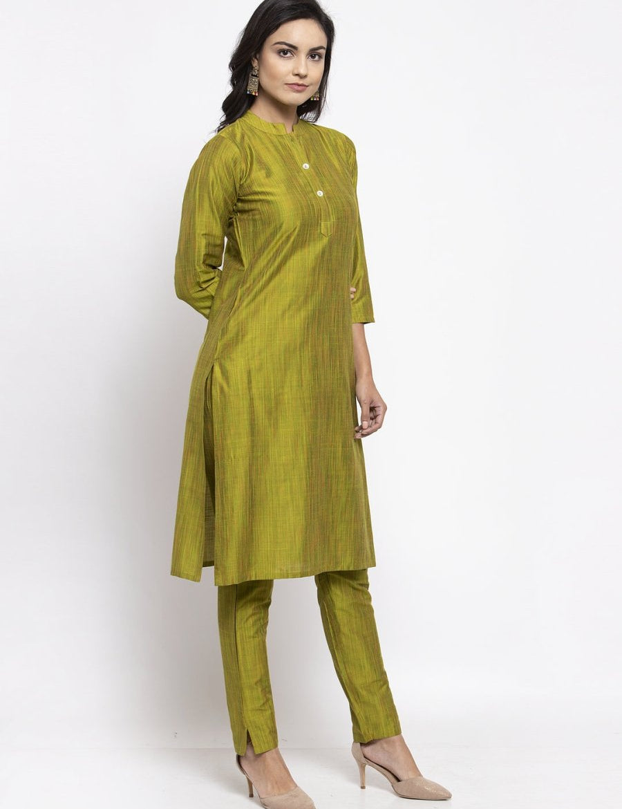 Jompers Women Green Self-Striped Kurta with Trousers - JOKS_1310_Green_S