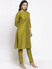 Jompers Women Green Self-Striped Kurta with Trousers - JOKS_1310_Green_S