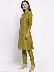 Jompers Women Green Self-Striped Kurta with Trousers - JOKS_1310_Green_S