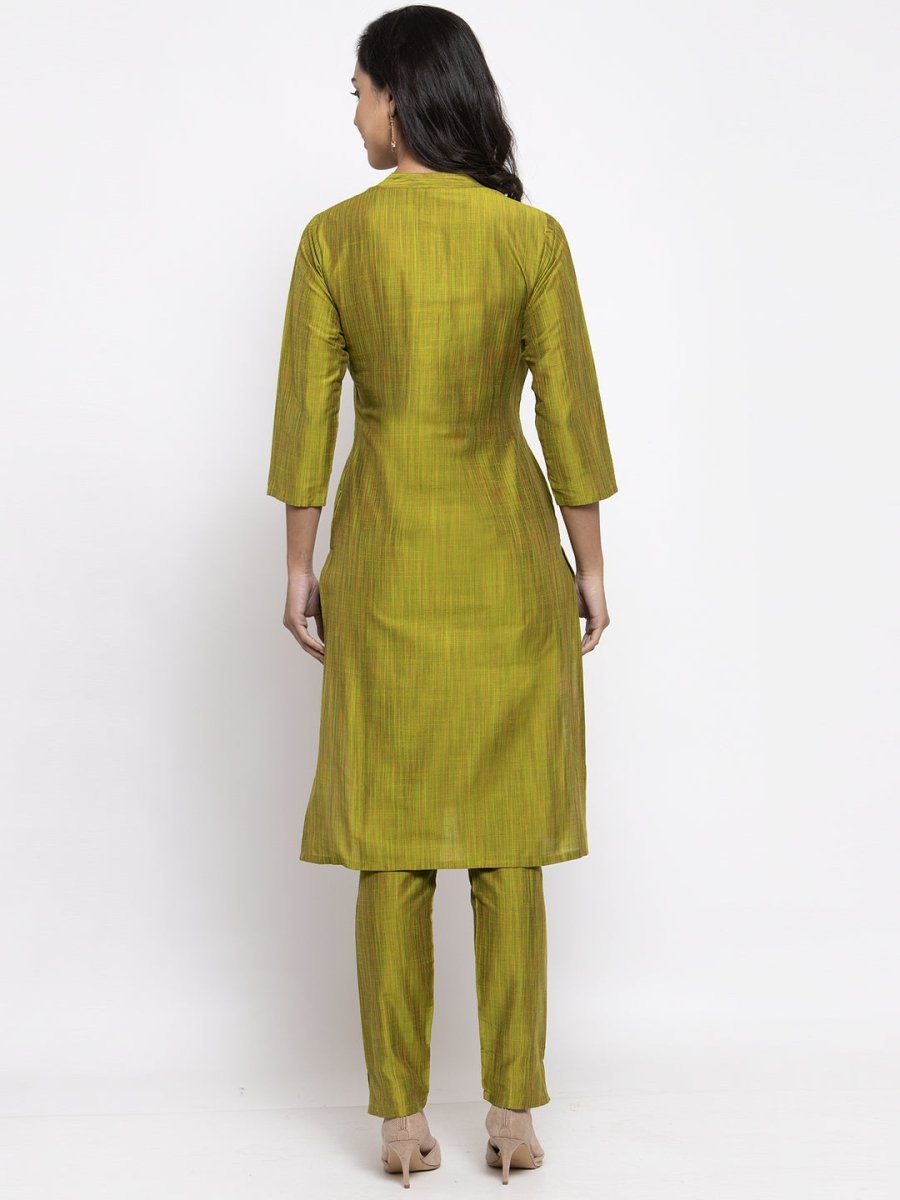 Jompers Women Green Self-Striped Kurta with Trousers - JOKS_1310_Green_S