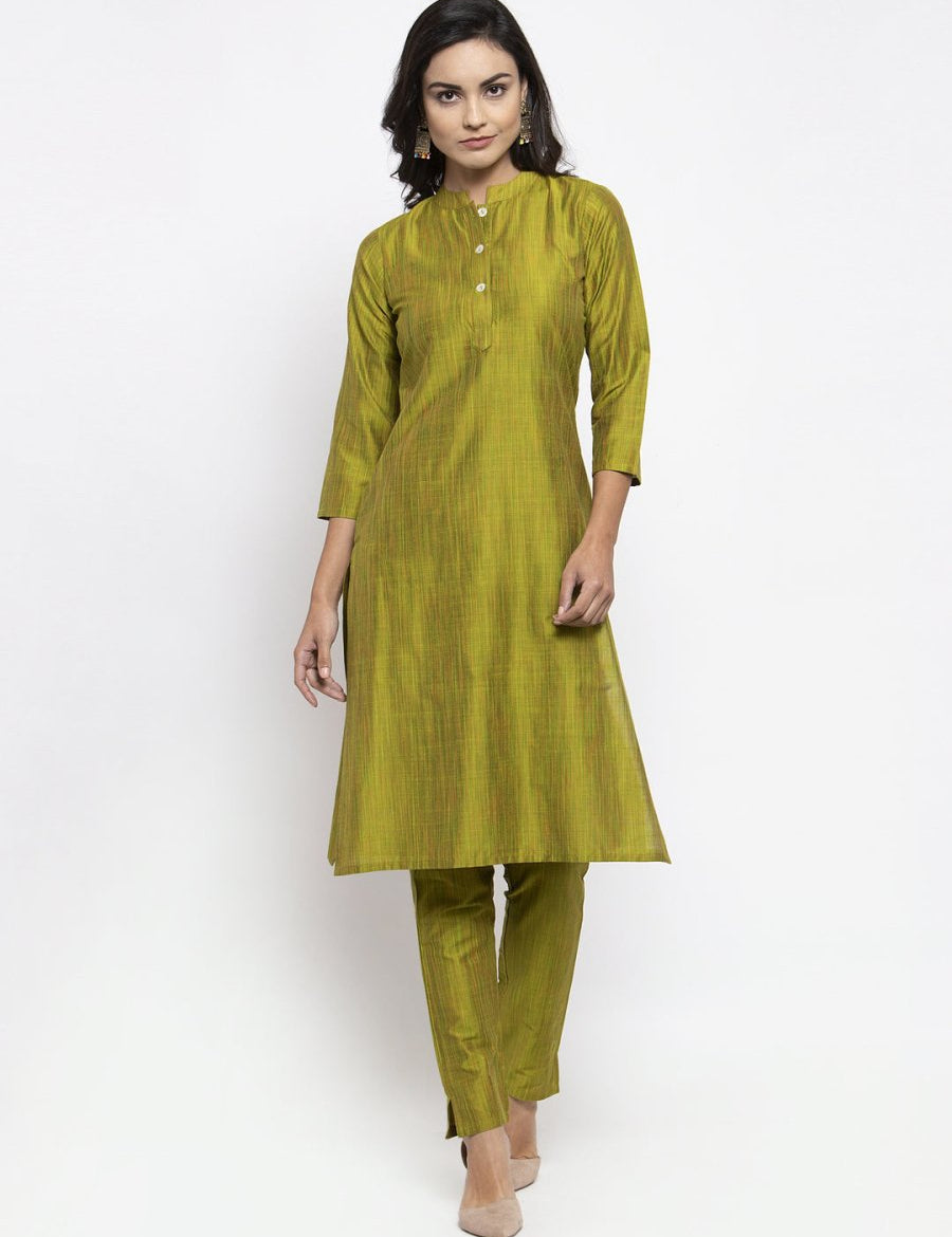 Jompers Women Green Self-Striped Kurta with Trousers - JOKS_1310_Green_S