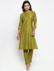 Jompers Women Green Self-Striped Kurta with Trousers - JOKS_1310_Green_S