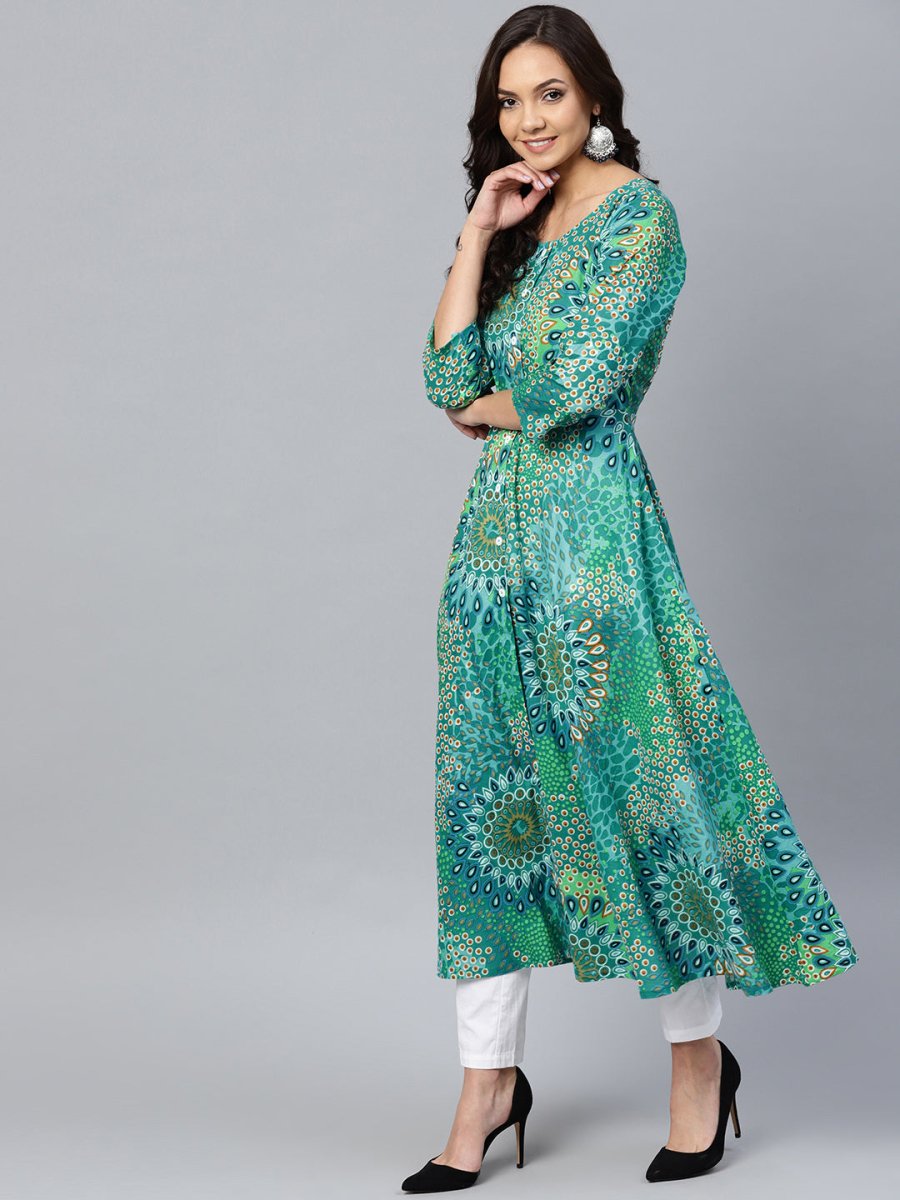 Jompers Women Green & White Printed Flared Kurta - JOK_1249_Green_S