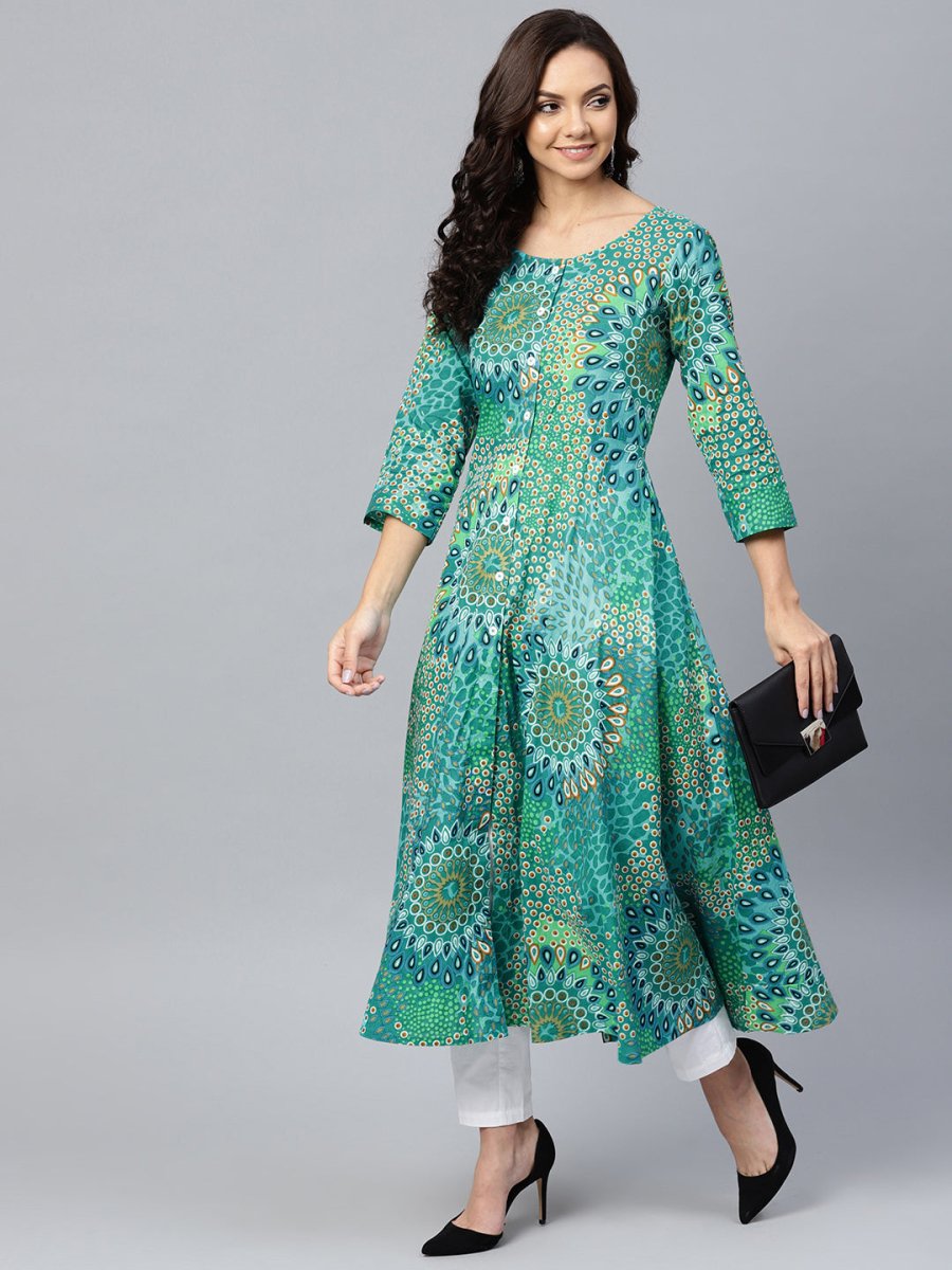 Jompers Women Green & White Printed Flared Kurta - JOK_1249_Green_S