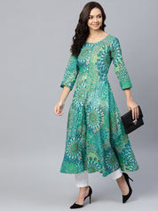 Jompers Women Green & White Printed Flared Kurta - JOK_1249_Green_S