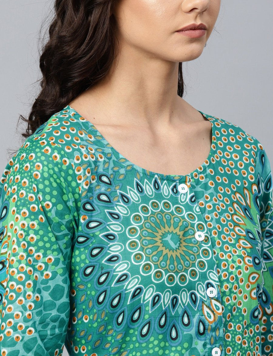 Jompers Women Green & White Printed Flared Kurta - JOK_1249_Green_S
