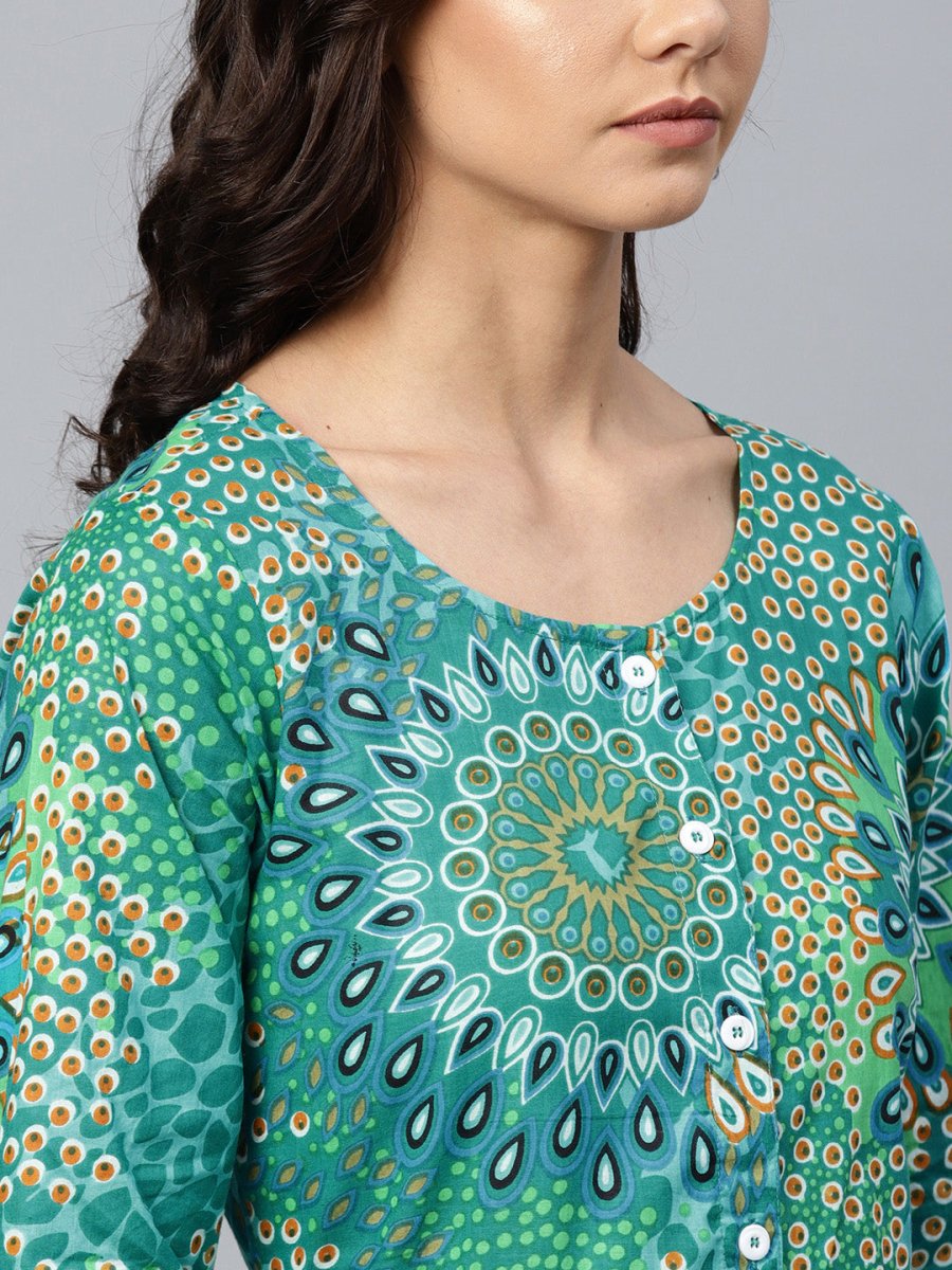 Jompers Women Green & White Printed Flared Kurta - JOK_1249_Green_S