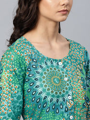 Jompers Women Green & White Printed Flared Kurta - JOK_1249_Green_S