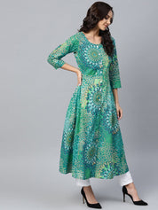 Jompers Women Green & White Printed Flared Kurta - JOK_1249_Green_S